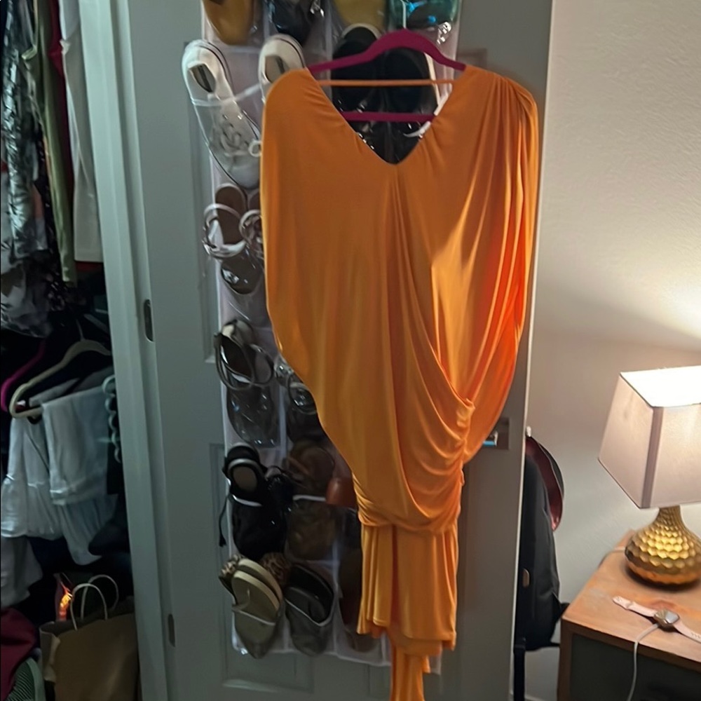 Asymmetrical orange drape dress